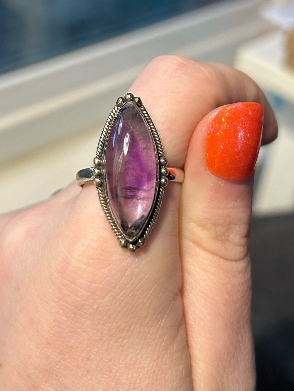 Marquise Amethyst Cabochon Ring in Purple